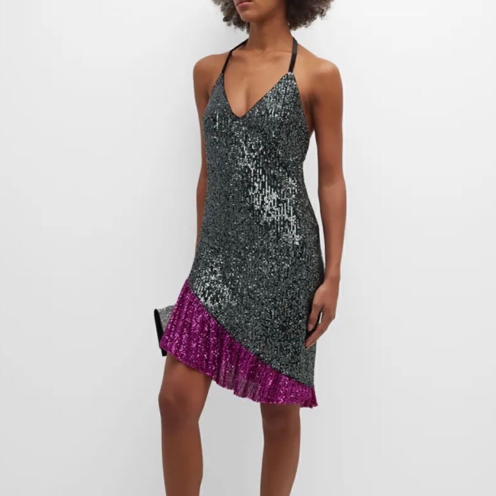 One33 Social Black & Purple Sequin Colorblock Backless Halter Dress